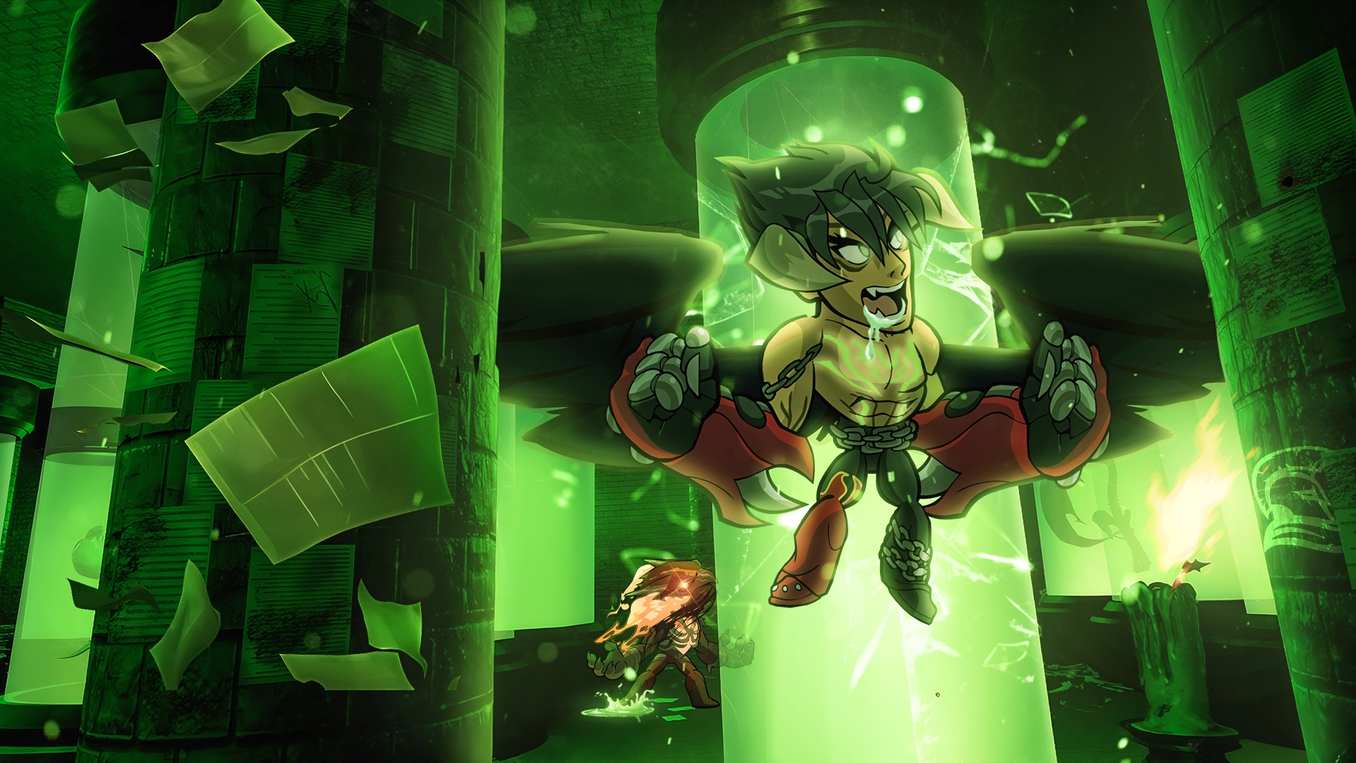 Laboratory scene with controlled green lighting