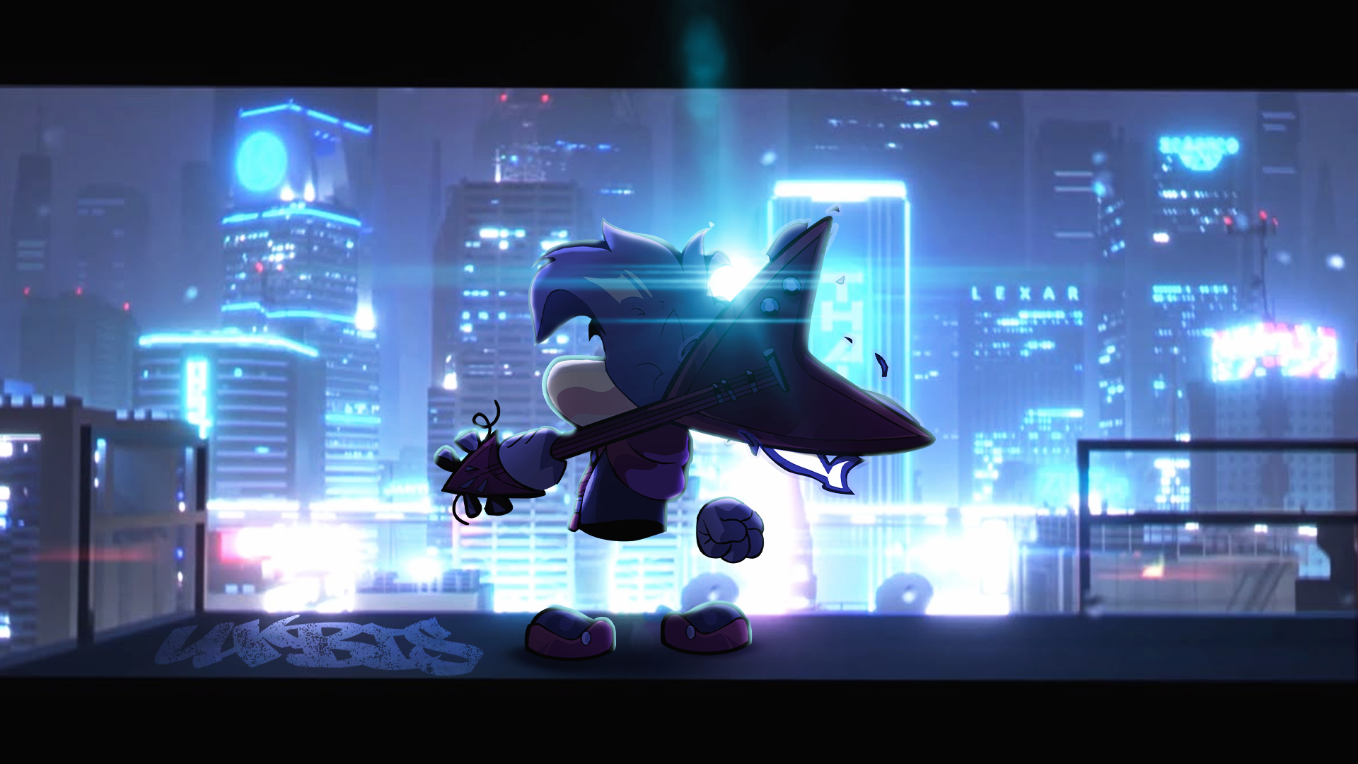 Rayman playing an electric guitar above a neon-lit futuristic city