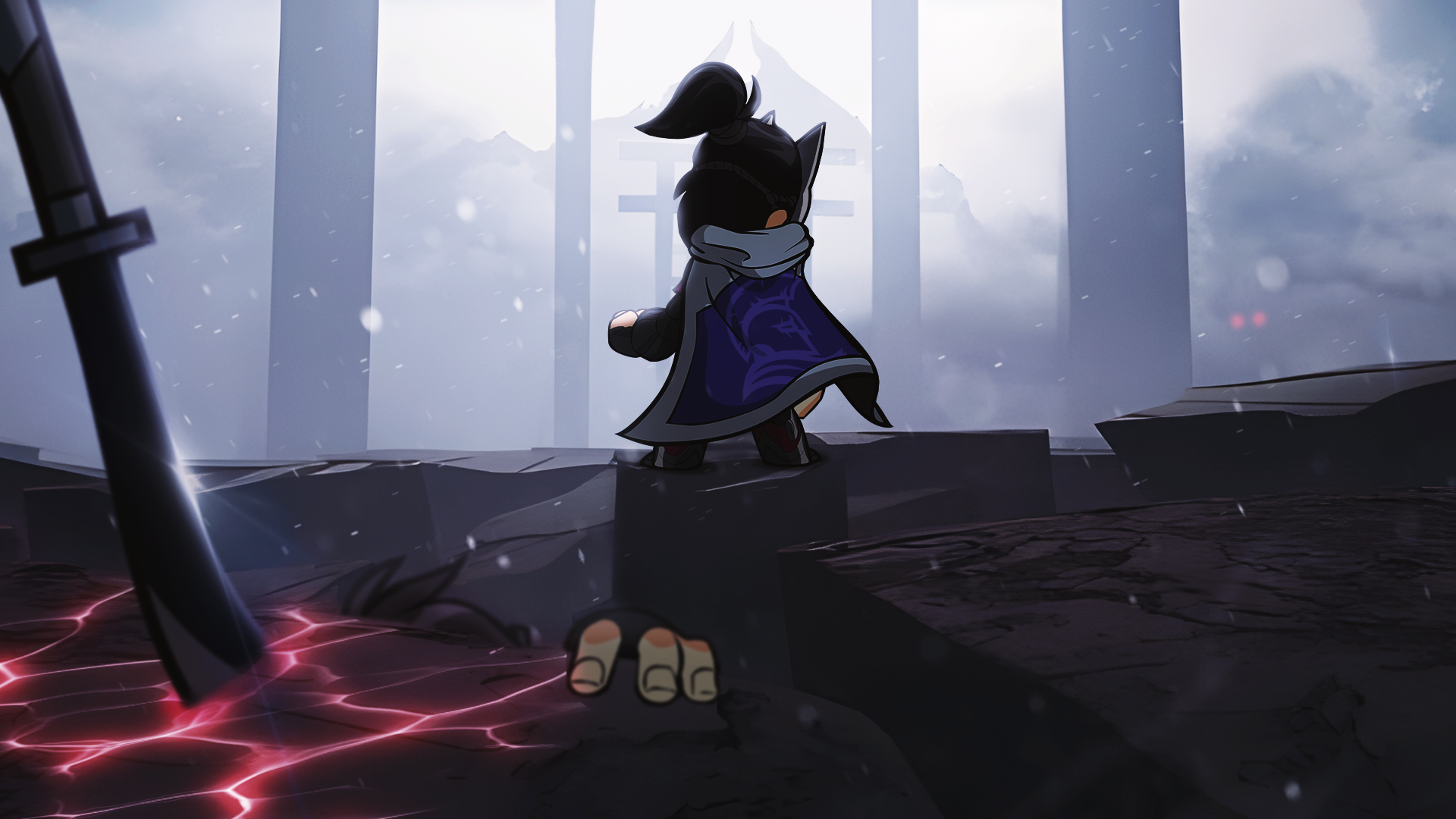 Brawlhalla character facing a snowy monumental structure