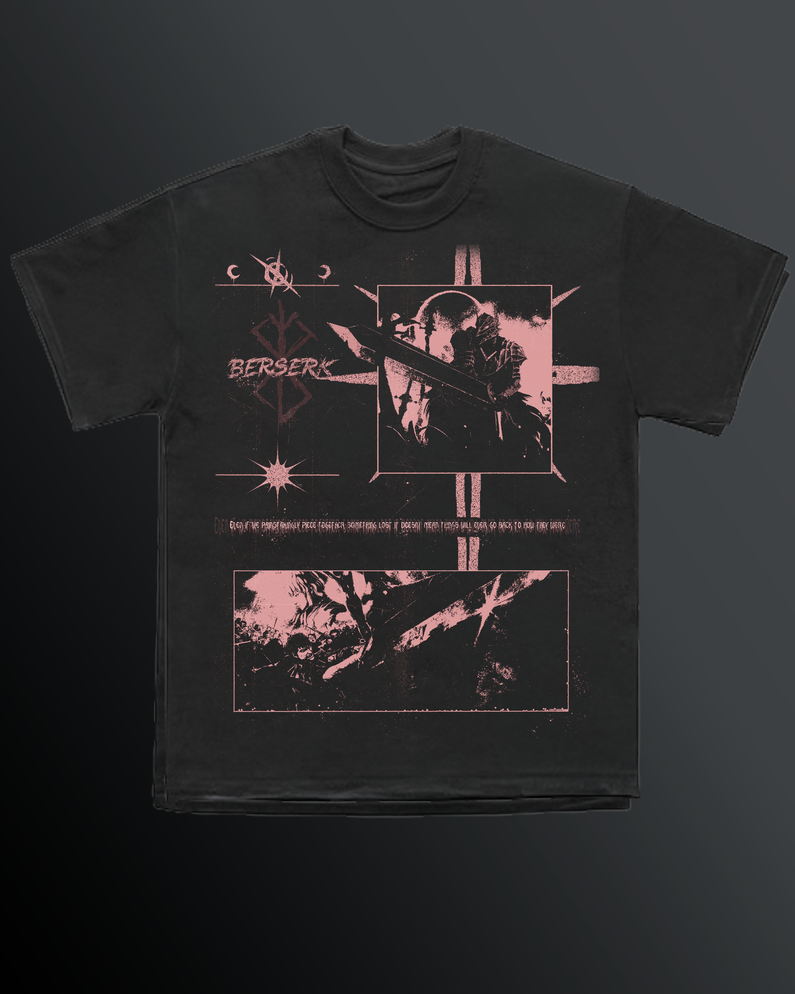 Washed black Berserk graphic T-shirt with distressed muted rose artwork