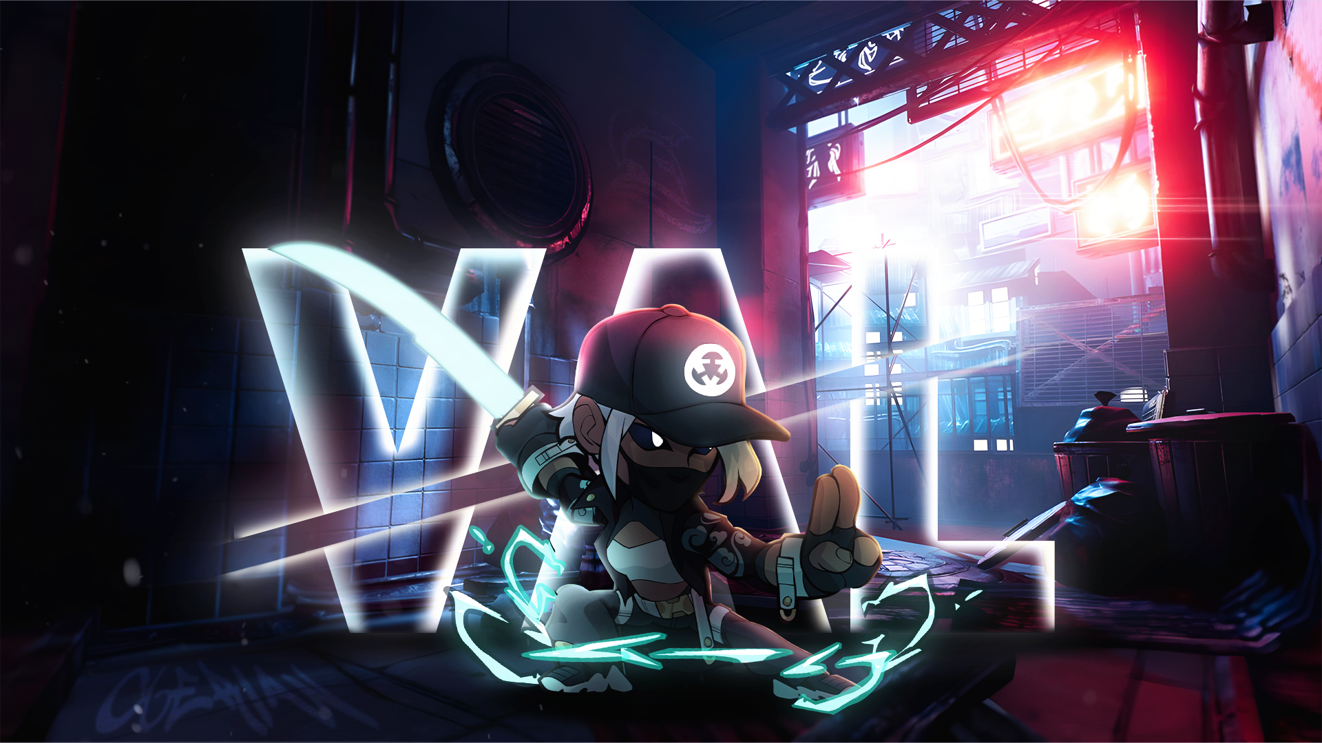 Val character composition in a neon red and blue alley
